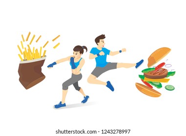Man and healthy woman fight with fast food. Concept illustration about diet with stop eating fat.