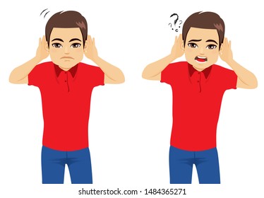 Man hearing with both hands two action listening and asking