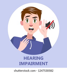 Man with hearing impairment as a symptom of disease. Deaf guy. Hear no sound. Isolated flat vector illustration