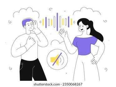 Man with hearing loss line. Young guy with disability. Problem in communication and interaction. Deaf mute character communicate with friend with sign language. Linear flat vector illustration