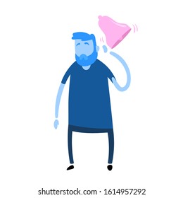 Man hears ringing in his and suffering from tinnitus. Cartoon design icon. Flat vector illustration. Isolated on white background.
