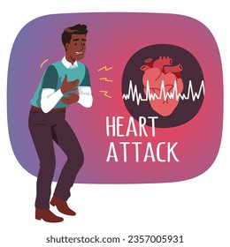 Man with heart attack disease pain. Guy person touching chest having heart stroke cardiac problem. Sickness symptom, healthcare, cardiology, emergency medicine concept flat vector illustration