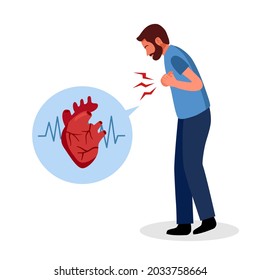 Man With Heart Attack Symptom In Flat Design On White Background. Heart Disease Concept.