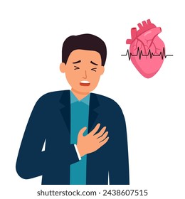 Man with heart attack symptom in flat design on white background. Heart disease concept.