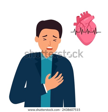 Man with heart attack symptom in flat design on white background. Heart disease concept.