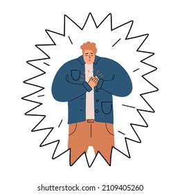 A man and heart attack  A young guy has panic attack  Chest pain  Vector illustration hand drawn in style 