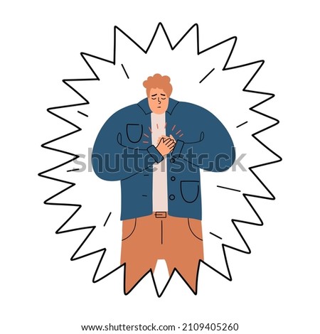 A man with a heart attack. A young guy has a panic attack. Chest pain. Vector illustration hand drawn in style.