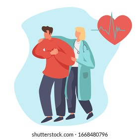 Man With Heart Attack.Sick Man With Chest Pain. Doctor Cardiologist Leads A Patient.Unhealthy Feeling. Female Medic With Stethoscop.Cardiogram With Heart On Background.Flat Vector Illustration