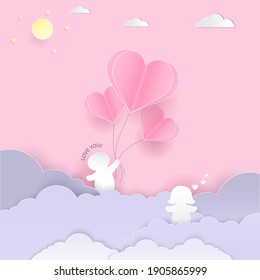 Man with heart balloon on the cloud with woman and moon. Paper art style. Design for Valentine’s Day greeting card and website banner.