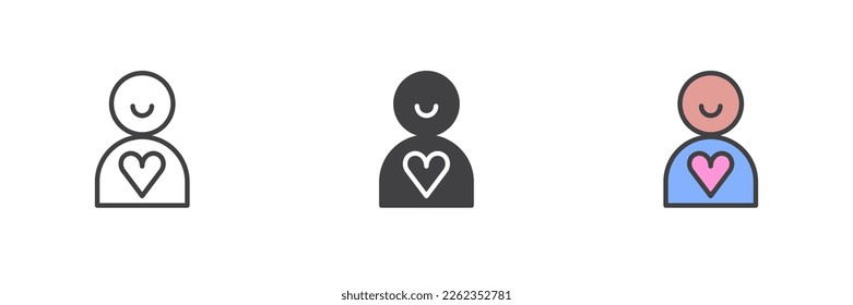 Man with heart different style icon set. Line, glyph and filled outline colorful version, outline and filled vector sign. Charity symbol, logo illustration. Vector graphics