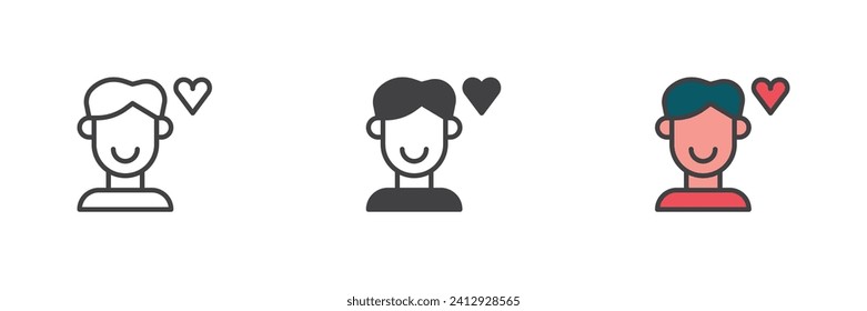 Mann und Herz anderen Stil Symbol Set. Linie, Glyph und gefüllte Umrissversion, Umriss und ausgefülltes Vektorzeichen. Valentinstag-Symbol, Logo-Illustration. Vektorgrafik