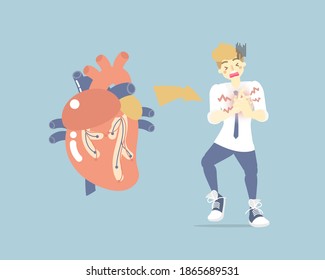 Man With Heart Failure, Attack Disease, Rapid Heart Rate, Medical Internal Organs Body Part Nervous System Anatomy Health Care Symtomp, Flat Vector Illustration Cartoon Design Clip Art