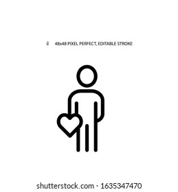 Man with a heart in his hand simple line icon vector illustration. Editable stroke. 48x48 Pixel Perfect.