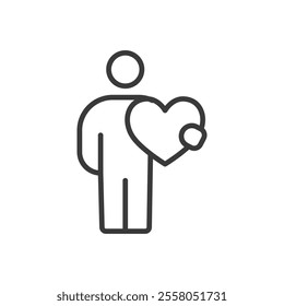 Man with heart icon in line design. Man, heart, love, care, kindness, support, compassion on white background vector. Man with heart editable stroke icon