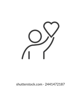 Man with heart line icon. linear style sign for mobile concept and web design. Volunteer person outline vector icon. Donation and charity symbol, logo illustration. Vector graphics
