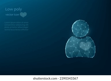 A man with a heart made of mesh and dots on a dark blue background. Low poly illustration of a man with a heart.