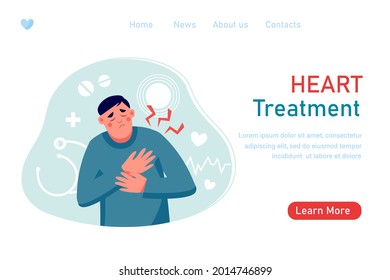 Man with heart pain, attack touching chest. Heart treatment, health care and disease diagnostic concept. Vector flat illustration. Design for banner, landing page, web background, flyer