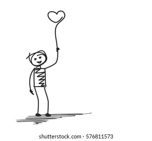 Man with heart shape balloons. Hand Drawn sketch concept vector illustration.