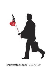 man with heart shaped balloon and rose