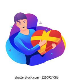 Man with a heart shaped gift. Vector illustration.