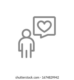 Man with heart in speech bubble line icon. Donation, like, feedback, customer satisfaction symbol