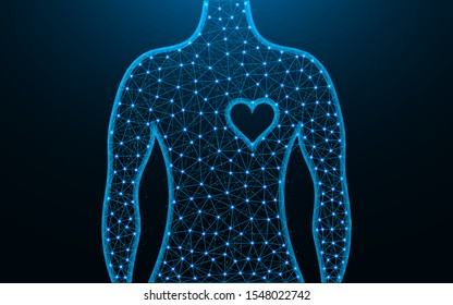 Man and heart symbol low poly design, human health abstract geometric image, wireframe mesh polygonal vector illustration made from points and lines on dark blue background