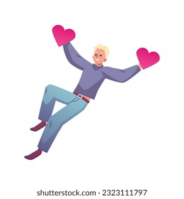 Man with hearts in his hands flies. Vector illustration isolated on white background. People fly from happiness and pleasure in their dreams. Positive man feeling inspiration, freedom, love in flight