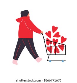 Man with hearts vector. Minimal happiness object for love, valentine concept. Red hearts on wheelbarrow. People cartoon flat style. 