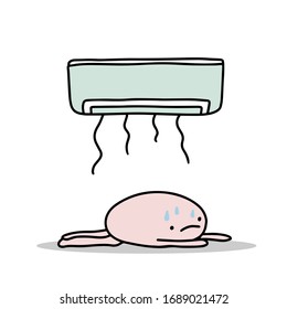 Hombre con calor bajo aire frío de acondicionador ilustración vectorial hecha a mano en caricatura estilo cómico carteles de la tarjeta de impresión de verano