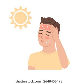 Man with heatstroke from sun and heat. Burn and red skin. Dehydration and thirsty boy in hot weather. Flat vector illustration