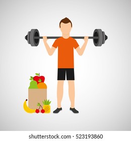 man heavy barbell exercising bag health food vector illustration eps 10