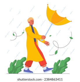 Man in heavy rain concept. Young guy in yellow raincoat under drops of water. Storm, wet and windy weather. Autumn and fall season. Cartoon flat vector illustration isolated on white background