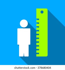 Man Height Meter long shadow vector icon. Style is a flat light symbol with rounded angles on a blue square background.