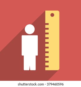 Man Height Meter long shadow vector icon. Style is a flat light symbol with rounded angles on a red square background.