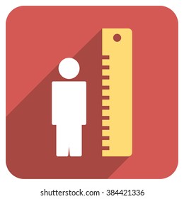 Man Height Meter long shadow vector icon. Style is a flat symbol on a red rounded square button.