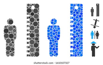 Man height mosaic of round dots in various sizes and color hues, based on man height icon. Vector random circles are organized into blue mosaic. Dotted man height icon in usual and blue versions.