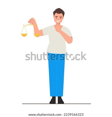 A man held a balance and show an uncertain expression on his face, legal, decision or comparison deiea, flat vector illustration