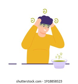 a man held his head because he felt dizzy and nauseous as a result of drinking the soup that had expired. illustration of a person with food poisoning. flat style. vector design elements