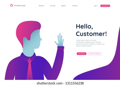 Man, hello customer in a started pages. Flat vector illustration. Landing page concept. Client profile online marketing dashboard design. Interface