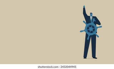 A man at the helm. he is raising his hand.