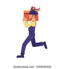 A man in a helmet and coveralls carries or delivers a box or gift, isolated vector illustration on white background. A man in flat cartoon style delivers a red box.