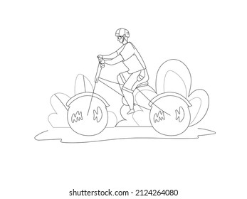Man in helmet cycling outdoor line vector illustration. Male character on bicycle. Healthy lifestyle, sport recreation, eco-friendly transportation concept