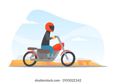Man in Helmet Driving Motorcycle Along the City Road Vector Illustration