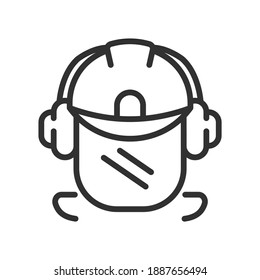 A man in a helmet and headphones. Personal protective equipment for industrial security, linear icon. Line with editable stroke