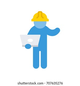 Man in helmet with laptop in hand