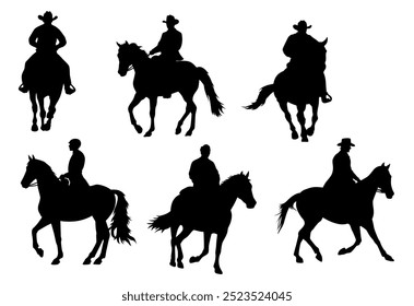 Man in helmet on bay horse, cowboy man riding a horse, riding man and horse silhouette	
