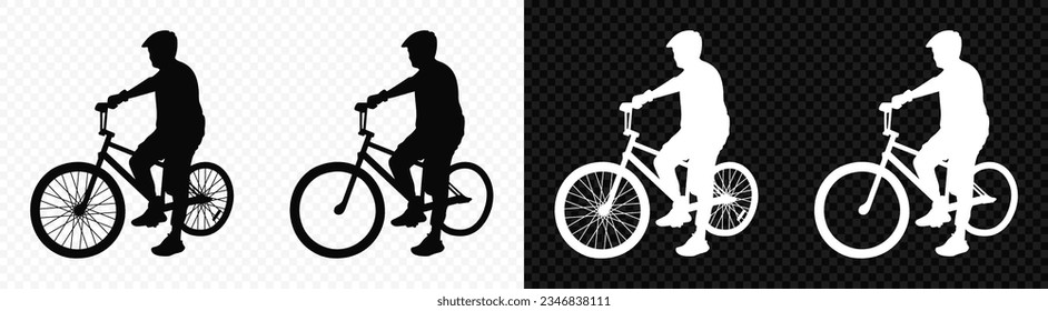 Man in a helmet on a bicycle is engaged in outdoor activities black and white vector silhouette on transparent background