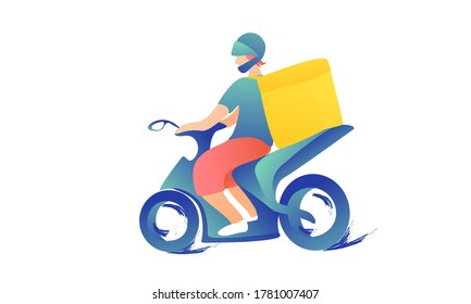 A man in a helmet on a scooter in motion on a white background. Fast delivery concept. Courier on a transport with a thermal bag.