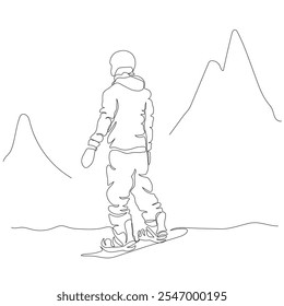 Mann mit Helm auf Snowboard am Bergstartpunkt. Rückansicht. Kontinuierliche Linienzeichnung. Schwarz-weiße Vektorgrafik im Linien-Kunststil. 