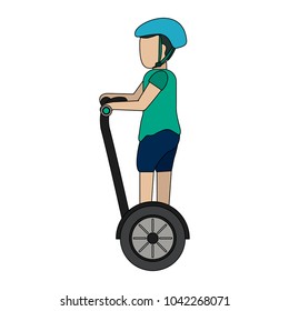 Man with helmet on two wheels electric scooter